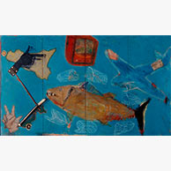 <em>Global Tuna</em>, 1997, 48"x81", Mixed media on wood